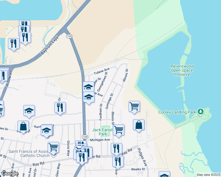 map of restaurants, bars, coffee shops, grocery stores, and more near 2757 Gonzaga Street in East Palo Alto