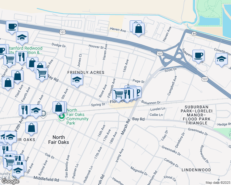 map of restaurants, bars, coffee shops, grocery stores, and more near Saint Marys Place in Redwood City