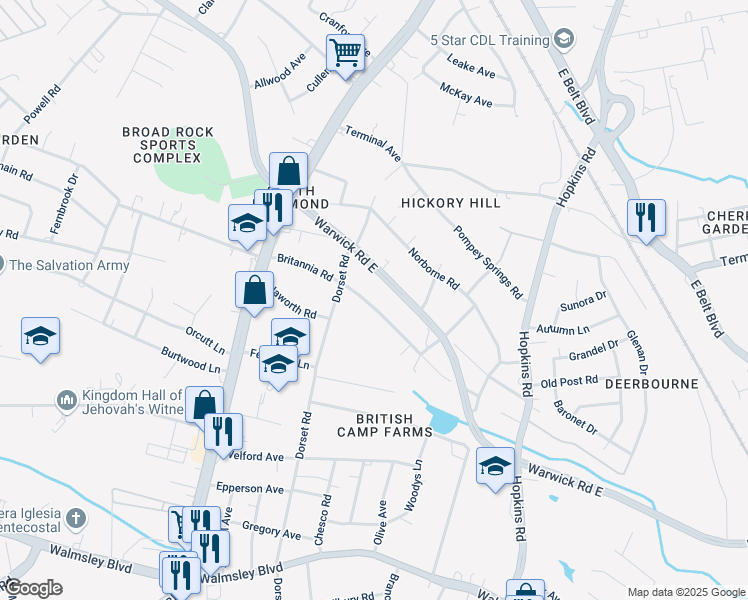 map of restaurants, bars, coffee shops, grocery stores, and more near 4406 Britannia Road in Richmond