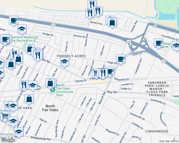 map of restaurants, bars, coffee shops, grocery stores, and more near 911 Fifteenth Avenue in Redwood City