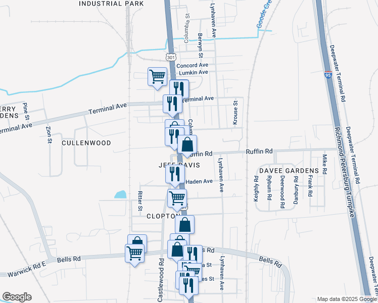 map of restaurants, bars, coffee shops, grocery stores, and more near 3117 Columbia Street in Richmond