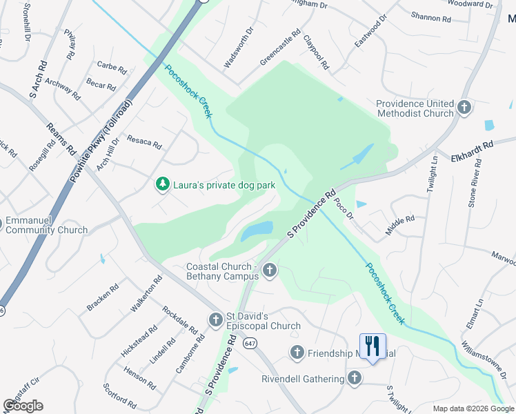 map of restaurants, bars, coffee shops, grocery stores, and more near 1225 Providence Knoll Drive in Richmond