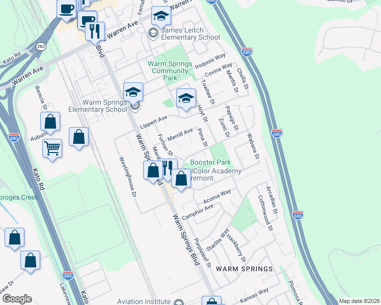 map of restaurants, bars, coffee shops, grocery stores, and more near 220 Gable Drive in Fremont