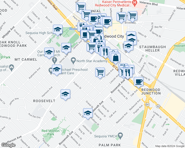 map of restaurants, bars, coffee shops, grocery stores, and more near 442 Madison Avenue in Redwood City