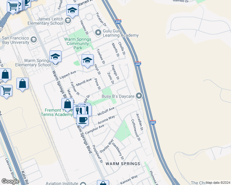 map of restaurants, bars, coffee shops, grocery stores, and more near 47769 Maya Street in Fremont