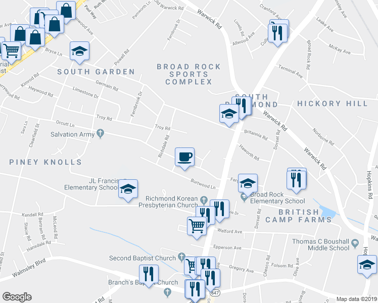 map of restaurants, bars, coffee shops, grocery stores, and more near 4910 Lindy Lane in Richmond