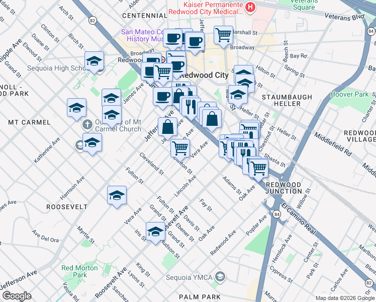 map of restaurants, bars, coffee shops, grocery stores, and more near 3 Vera Court in Redwood City