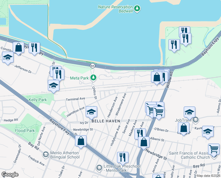 map of restaurants, bars, coffee shops, grocery stores, and more near 590 Hamilton Avenue in Menlo Park