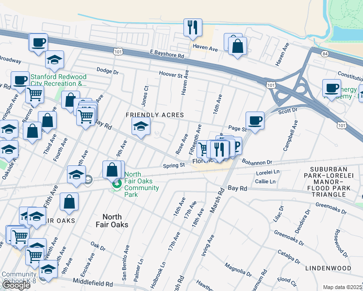 map of restaurants, bars, coffee shops, grocery stores, and more near Rose Avenue in Redwood City