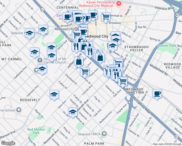 map of restaurants, bars, coffee shops, grocery stores, and more near 233 Vera Avenue in Redwood City