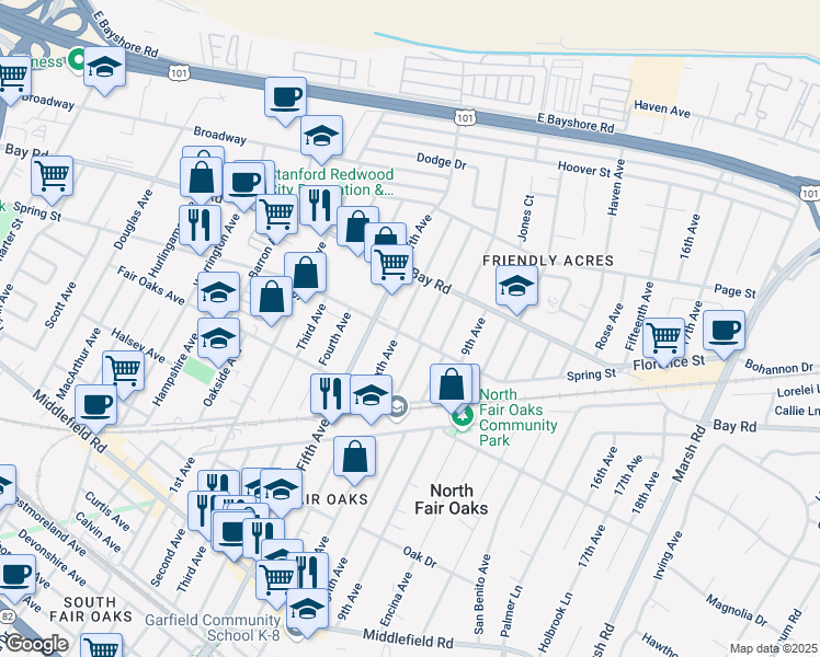 map of restaurants, bars, coffee shops, grocery stores, and more near 780 Sixth Avenue in Redwood City