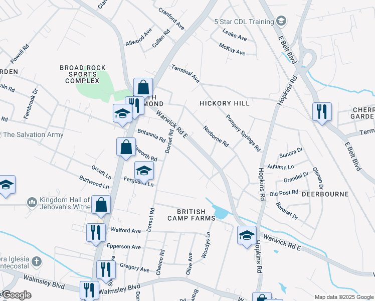 map of restaurants, bars, coffee shops, grocery stores, and more near 4406 Britannia Road in Richmond