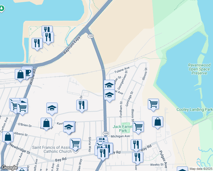 map of restaurants, bars, coffee shops, grocery stores, and more near 2719 Xavier Street in East Palo Alto