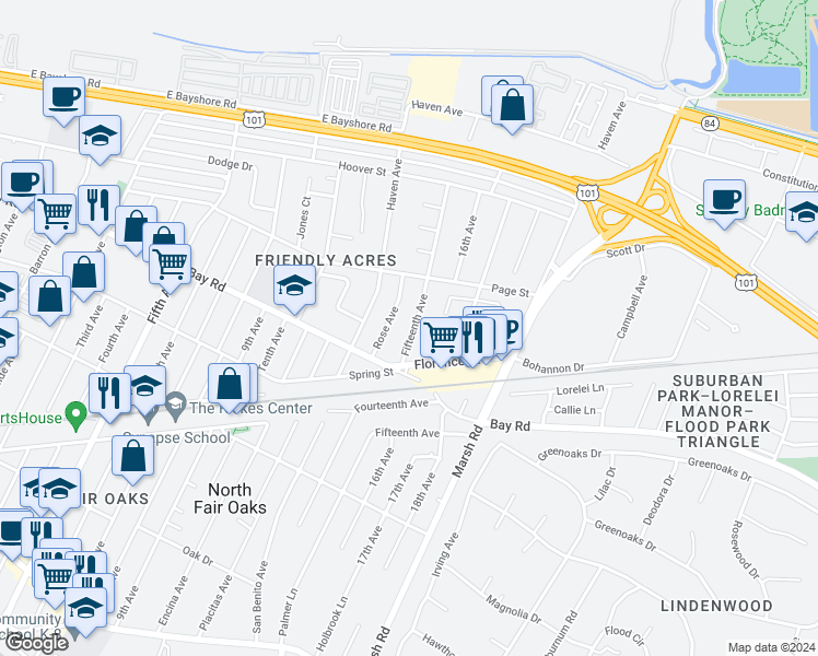map of restaurants, bars, coffee shops, grocery stores, and more near 911 Fifteenth Avenue in Redwood City