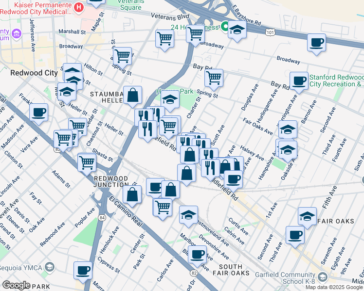 map of restaurants, bars, coffee shops, grocery stores, and more near 2300 Middlefield Road in Redwood City