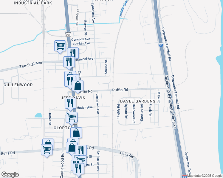 map of restaurants, bars, coffee shops, grocery stores, and more near 2290 Ruffin Road in Richmond