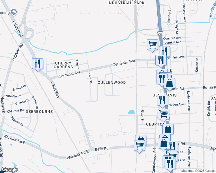 map of restaurants, bars, coffee shops, grocery stores, and more near 3152 Lanewood Drive in Richmond