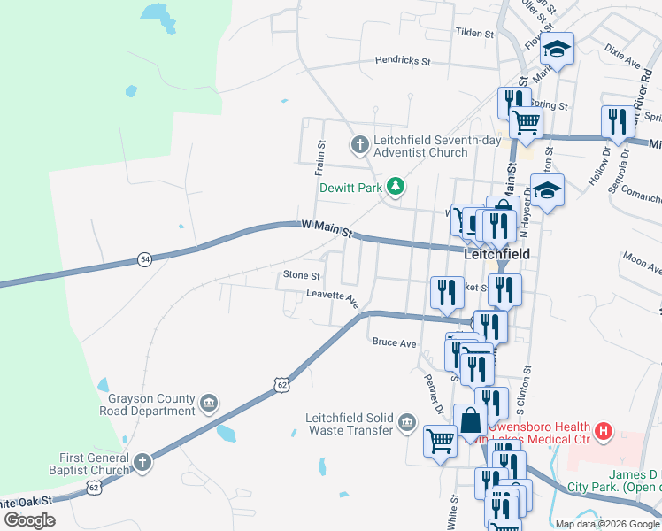 map of restaurants, bars, coffee shops, grocery stores, and more near 117-213 Junction Street in Leitchfield