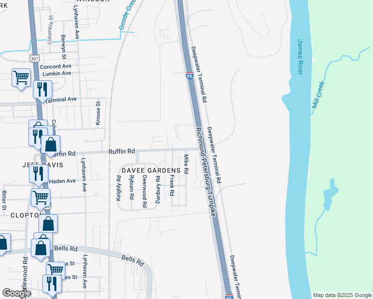 map of restaurants, bars, coffee shops, grocery stores, and more near 3116 Mike Road in Richmond