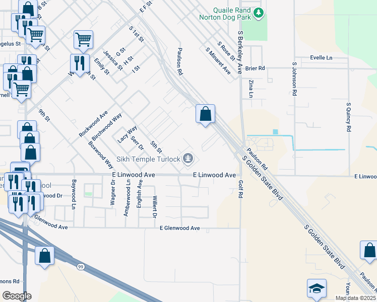 map of restaurants, bars, coffee shops, grocery stores, and more near 560 Hartvickson Drive in Turlock