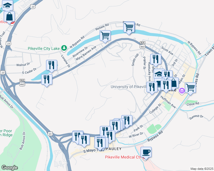 map of restaurants, bars, coffee shops, grocery stores, and more near 201 Peach Orchard Drive in Pikeville