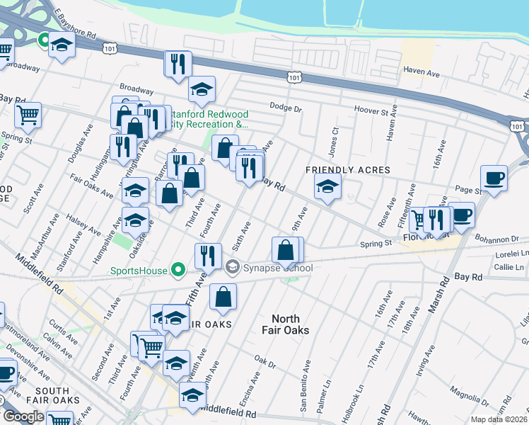 map of restaurants, bars, coffee shops, grocery stores, and more near 811 Seventh Avenue in Redwood City