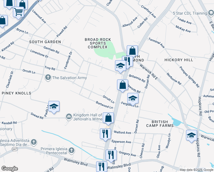 map of restaurants, bars, coffee shops, grocery stores, and more near 2504 Mandy Lane in Richmond