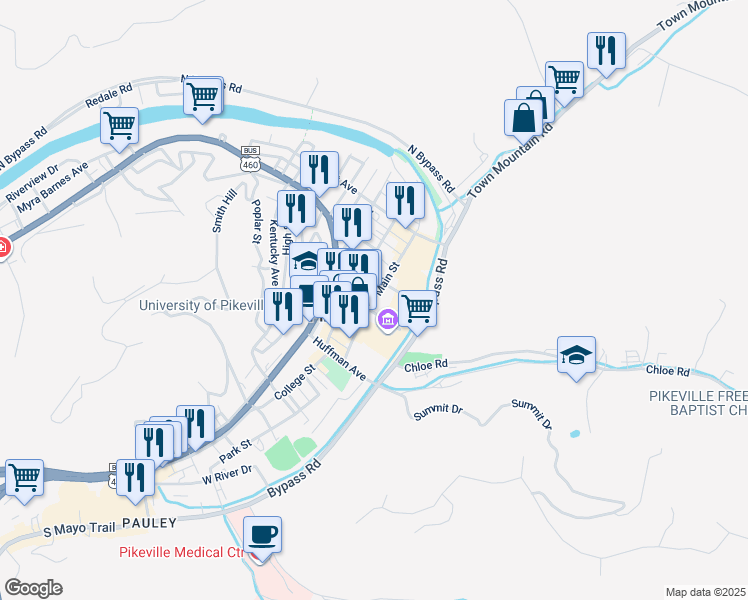 map of restaurants, bars, coffee shops, grocery stores, and more near 169 Main Street in Pikeville