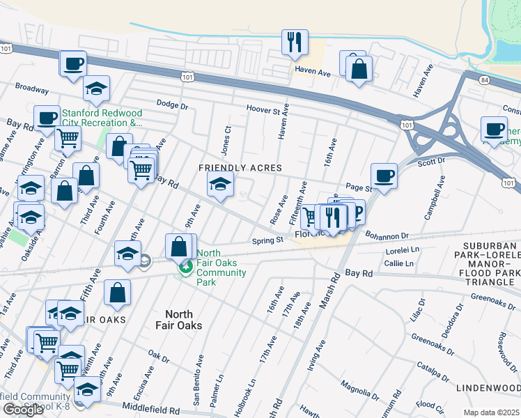map of restaurants, bars, coffee shops, grocery stores, and more near 955 Haven Avenue in Redwood City