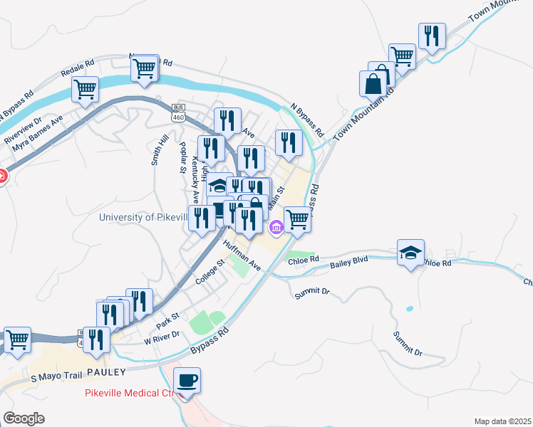 map of restaurants, bars, coffee shops, grocery stores, and more near 169 Main Street in Pikeville