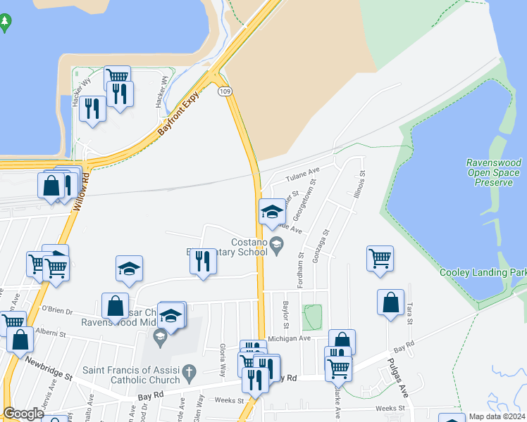 map of restaurants, bars, coffee shops, grocery stores, and more near 2719 Xavier Street in East Palo Alto