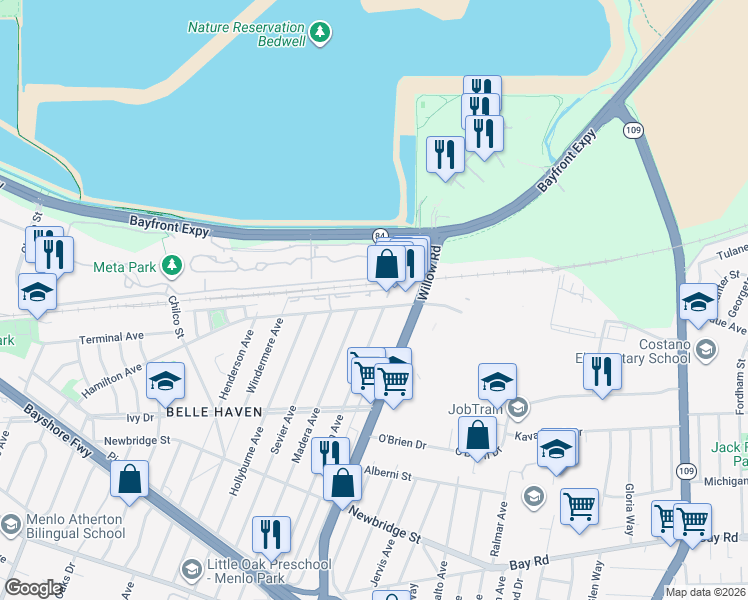 map of restaurants, bars, coffee shops, grocery stores, and more near 777 Hamilton Avenue in Menlo Park
