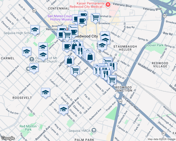 map of restaurants, bars, coffee shops, grocery stores, and more near 117 Vera Avenue in Redwood City