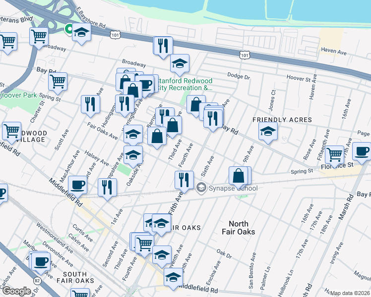 map of restaurants, bars, coffee shops, grocery stores, and more near 771 Fourth Avenue in Redwood City
