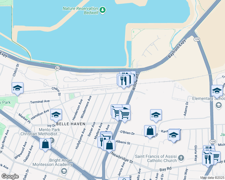 map of restaurants, bars, coffee shops, grocery stores, and more near 735 Hamilton Ave in Menlo Park
