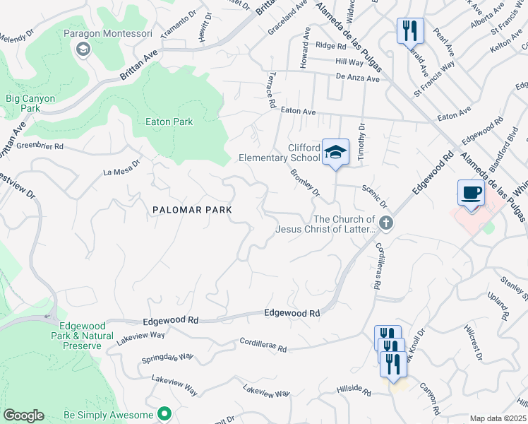map of restaurants, bars, coffee shops, grocery stores, and more near 2 South Palomar Drive in Redwood City