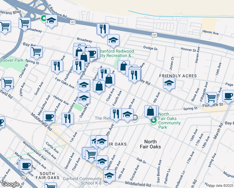 map of restaurants, bars, coffee shops, grocery stores, and more near 771 Fourth Avenue in Redwood City