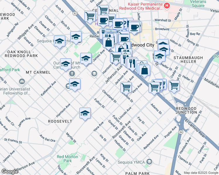 map of restaurants, bars, coffee shops, grocery stores, and more near 631 Clinton Street in Redwood City