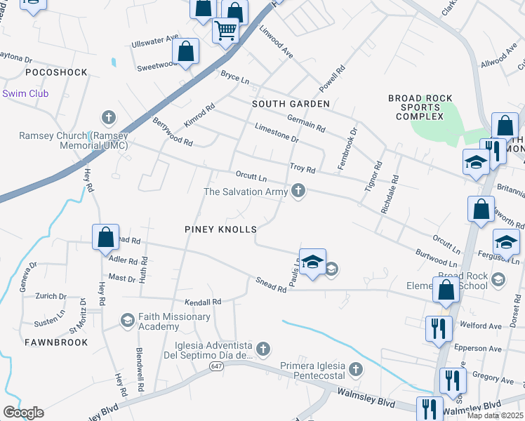map of restaurants, bars, coffee shops, grocery stores, and more near 5416 Brinkwood Court in Richmond