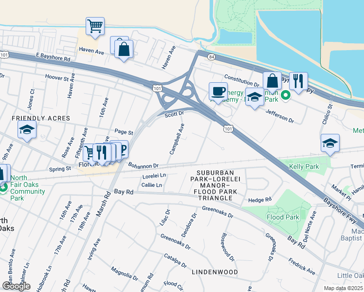 map of restaurants, bars, coffee shops, grocery stores, and more near 4040 Campbell Avenue in Menlo Park
