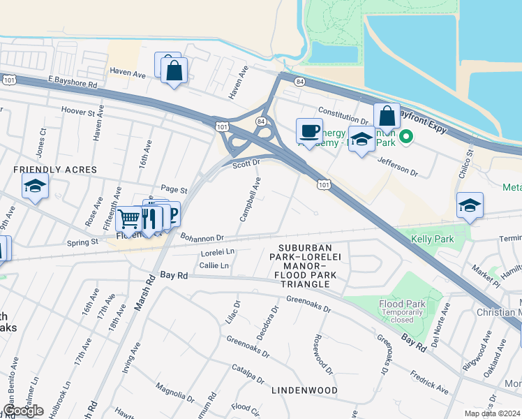 map of restaurants, bars, coffee shops, grocery stores, and more near 4040 Campbell Avenue in Menlo Park