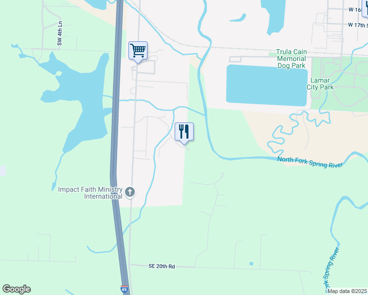 map of restaurants, bars, coffee shops, grocery stores, and more near 14 Southeast 13th Road in Lamar