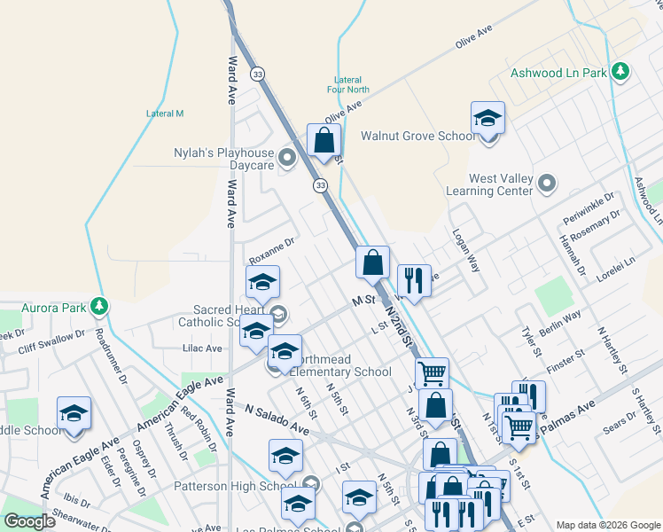 map of restaurants, bars, coffee shops, grocery stores, and more near 740 North 2nd Street in Patterson