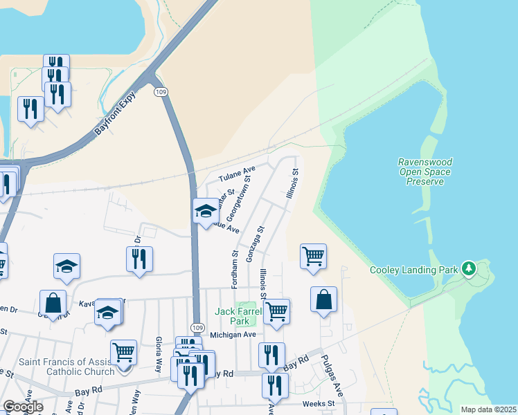 map of restaurants, bars, coffee shops, grocery stores, and more near 2782 Fordham Street in East Palo Alto