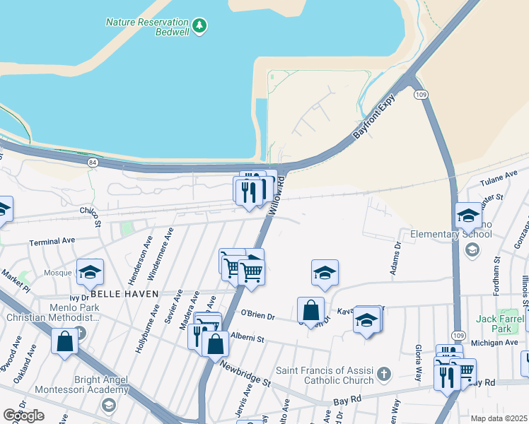 map of restaurants, bars, coffee shops, grocery stores, and more near 1499 Willow Road in Menlo Park