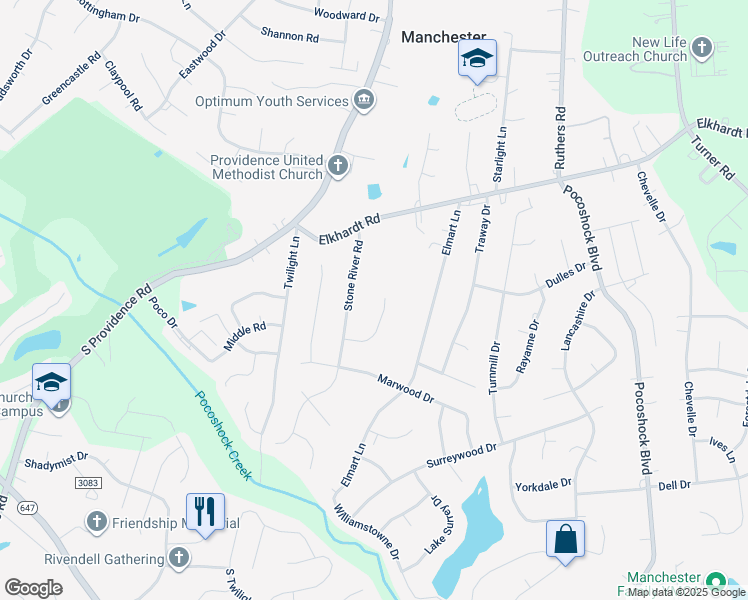 map of restaurants, bars, coffee shops, grocery stores, and more near 1306 Old Log Trail in Richmond