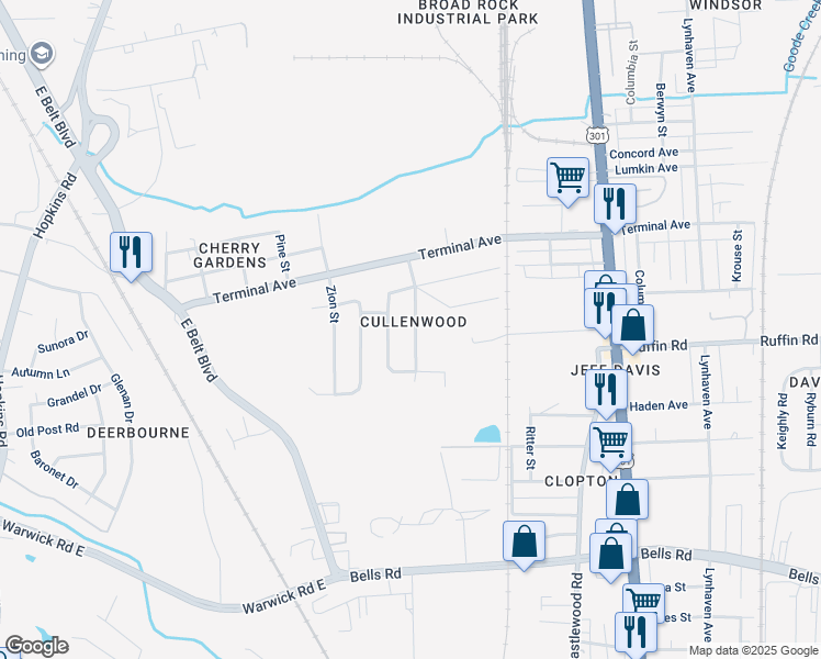 map of restaurants, bars, coffee shops, grocery stores, and more near 3128 Lanewood Drive in Richmond