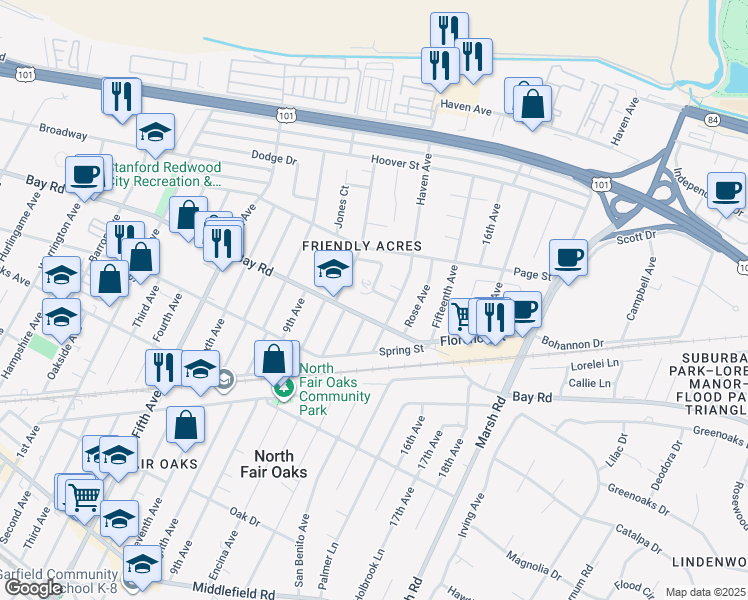 map of restaurants, bars, coffee shops, grocery stores, and more near 3464 Michael Drive in Redwood City