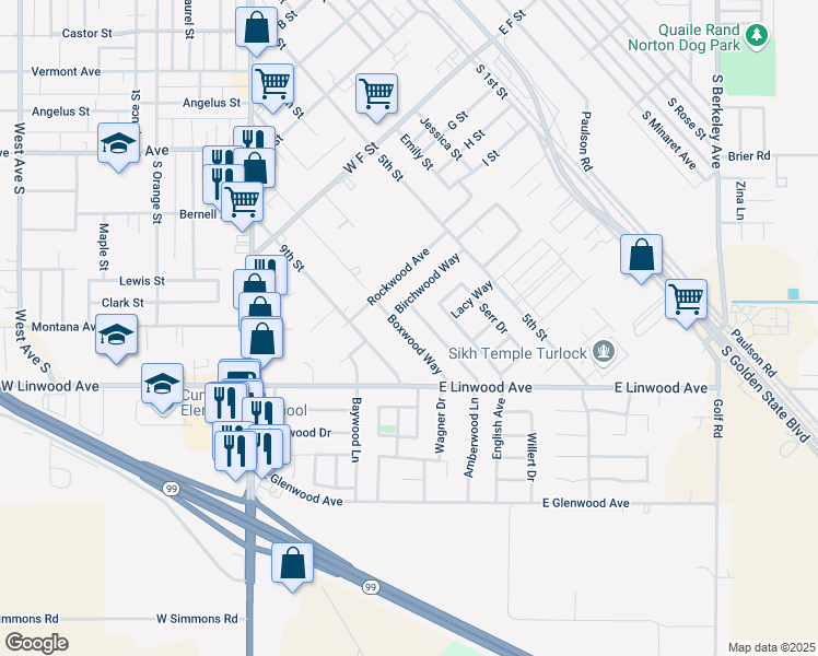 map of restaurants, bars, coffee shops, grocery stores, and more near 1086 Boxwood Way in Turlock