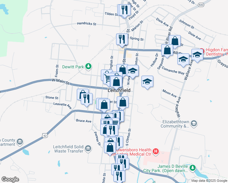 map of restaurants, bars, coffee shops, grocery stores, and more near 100 West Main Street in Leitchfield